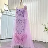 ПЛАТЕРИ ПЕРЕВЕРСТИЯ Шарон сказал, что Dubai Luxury Feathers Lilac Вечернее платье с рукавами на мысе голеностопная лодыжка.