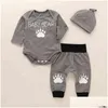 مجموعات الملابس المولودة طفل رومبير 3pcs قبعة رمادي بوي بويز بويز طويلة الأكمام infan bebe bodysuit climbing cotton conttion g1028 drop تسليم dhn2l