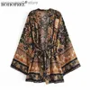 Kvinnors badkläder Boho Vintage Black Floral Print Short Robes Casual Beach Cover Ups Blusas Belt Gypsy Style Hippie Women Kimono T230505