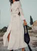 Casual jurken zomer dames casual mode all-match witte lange mouwen revers met booggordel geborduurde midi-jurk 230505