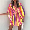 Casual jurken mode batwing mouw print veter mini jurk voor dames sexy v-neck casual losse boho vakantie korte jurken vrouw zomer 230505