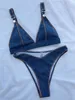 Kvinnors badkläder 2023 Sexig V -hals lågklippt baddräkt för kvinnor denim blå bikini set push up thong hight midje bather baddräkter 230505