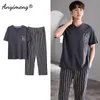 Mäns sömnkläder Summer Cotton Men Pyjama sätter kort ärm långa byxor avslappnad loungewear för pojke lyxiga sömnkläder V-ringar eleganta herrkläder 230505