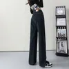 Women's Jeans Vintage Straight Pants Chic Baggy Women High Waist 2023 Spring Split Patch Design Denim Trousers Black Solid Jean 906