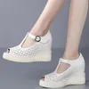 Sandales boucle sangle Mary Janes femmes en cuir véritable compensées talon haut gladiateur femme été bout ouvert pompes chaussures décontracté