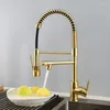 Keukenkranen geborsteld Gouden koperen koude wastafel mixer kranen enkele handgreep pull-down roterende dubbele uitlaat zwart/nikkel/chroom