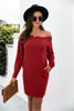 Günlük Elbiseler Reeree Kadınlar İlkbahar/Sonbahar Sahte Deri Eğik Boyun T-Shirt Elbise Uzun Kollu Diz Uzunluğu