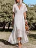 Freizeitkleider Weißes Maxikleid Damen Sommer Bohemian Long Beach Sommerkleid Damen aushöhlen Kurzarm V-Ausschnitt Urlaubskleid Robe Longue 230505