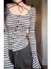 T-shirts pour femmes Deeptown Y2K Striped Bandage T-shirts à manches longues Femmes Coréenne Mode Corset Slim Button Tops Femme Egirl Coquette Sexy