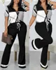 Women's Two Piece Pants Summer Fashion Print Set Casual Zipper Short-sleeved Shirt Flared Suit Outfit 230504