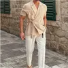 Mäns avslappnade skjortor 2023 Summer European och amerikanska män Solid Color Linen Suit Lapels Tie Short Sleeve Shirt Jacket