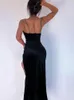 Casual Dresses cos lris vinter kvinnors franska sexiga svarta sammet underkläder stil sling midja slits lång klänning 9246/864