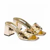 Summer Golden Texture Womens Slide Mid Heel Sandals Slippers Designers Top Triangle Metal Label Leather Rubber High Heels