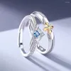 Bröllopsringar 1Pair Gold Cross Shield Blue Crystal Justerbar Parring Kopparpläterad platinöverlappning Öppningsfingersmycken