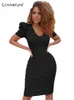 Casual Dresses Summer Bandage Sexig V-ringning Puff Sleeve Maxi Black Dress Office Lady Bodycon Casual Dresses for Women Vestido Midi Elegante 230505