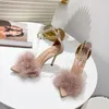 Sandalen Luxus 11 cm High Heels für Frauen Plüsch Feder Dekoration spitz Sommer Sandale Metallkette zurück Reißverschluss Party Kleid Schuhe
