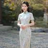 Etniska kläder orientaliska kvinnor satin cheongsam vintage bär kinesisk stil traditionell sexig förbättrad blommig tryck qipao klänning