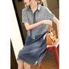 Casual Dresses Women's Clothing Summer Vintage Plaid Print Patchwork Denim Midi Dress Simple Casual Short Sleeve Loose Streetwear Jean Dresses 230505