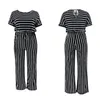 bodems CM.YAYA Vrouwen Plus Size S5XL Gestreepte Oneck Korte Mouw Rechte Jumpsuit Mode Streetwear Eendelige Overall Rompertjes