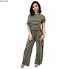 bodems CM.YAYA Vrouwen Plus Size S5XL Gestreepte Oneck Korte Mouw Rechte Jumpsuit Mode Streetwear Eendelige Overall Rompertjes