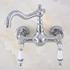 Kitchen Faucets Polished Chrome Brass Wall Mounted Bathroom Sink Faucet Swivel Spout Mixer Tap Dual Ceramics Handles Levers Mnf564