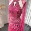 Vestidos de festa Sharon Disse Luxo Dubai Sereia Rosa Noite com Mangas de Cabo 2023 Árabe Mulheres Casamento Convidado Vestidos Formais SS361 230505