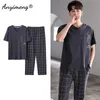 Mäns sömnkläder Summer Cotton Men Pyjama sätter kort ärm långa byxor avslappnad loungewear för pojke lyxiga sömnkläder V-ringar eleganta herrkläder 230505