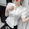 Blouses femmes femmes 2023 été élégant en mousseline de soie Blouse femme manches col en v chemise dames décontracté confortable hauts B29