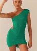 Swobodne sukienki puste jedno ramię mini sukienka seksowna zielona bez rękawów dzianina Bodycon 2023 Letnie przyjęcie urodzinowe
