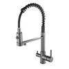 Kitchen Faucets Grey Purified Water Brass Sink Mixer Tap & Cold Rotatable Pull Down Type Spary Nozzle Dual Handle Deck Mount