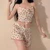 Kadın pijama çilek baskısı yaz pijamaları set kadınlar kawaii dantel yukarı spagetti kayışı camis üst kısımlar şort pamuk sevimli