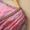 2023 Zomer roze paisley print kralen chiffon jurk lange mouw v-neck panelen lange maxi casual jurken s3w030427