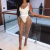 Kobiety stroje kąpielowe Summ Swimsuit Kryształ Diamond Diamond Sukienka Sexy V szyja pusta rękawowa Bodycon Bikini Cover Ups 230504