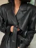 여성 S 재킷 lautaro 스프링 가을 가을 긴 검은 소프트 PU 가죽 트렌치 코트 여성 벨트 더블 가슴 멋진 잘 생긴 유럽 패션 230505