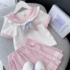 Flickans klänningar Summer Girls Clothing JK Set Korean Style Shortsleeved Summer Dress Girl Sweet Shirt College Style Pleated Kirt Twopiece Set 230504