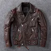 Skórzana męska sztuczna brązowa kurtka motocyklowa Mężczyźni Naturalne oryginalne kurtki z osłonami jesień Slim Fit Biker's Dyque Zipper płaszcz 230428
