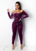 Women's Jumpsuits & Rompers Jumpsuit Women Off Shoulder Bodycon Long Sleeve Clubwear Romper Sexy 2023 Autumn Female Velvet Lace Up PlaysuitW