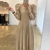 Casual Dresses WICCON 2023 Autumn Korean Chic Elegant Square Collar Pleated Bubble Sleeve Women's Fashion Mid-calf Dress