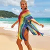 Women's Swimwear Knitted Rainbow Crochet Dress Knit Beach Cover Up Short Sleeve Tassel Tunic Women Fashion Beachwear Swimsuits 16 Colors 230504