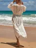 Costumi da bagno da donna manica lunga Beach Cover Up Cardigan lungo 2021 New Sexy abito da spiaggia in pizzo Bikini da donna Cover Up Holiday Skirt Lady Swim T230505