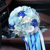 Decoratieve bloemen Blue Diamond Pearl Bridal Wedding Bouquet voor feestdecoratie Handgemaakte bruidsmeisje handbloemhuwelijk accessoires