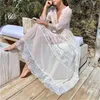 Kvinnors badkläder Chiffon Lace White Summer Dress Sexig Deep V Neck Long Sleeve Beach Swim Cover Up 2021 Vintage Women Dresses Boho Casual Vestidos T230505