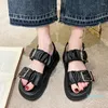 Sandales Gothique Punk 2023 Femmes Plateforme Chunky Compensées Chaussures En Cuir Noir Casual Plage D'été