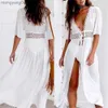 Women's Swimwear Women Crochet Beach Dress Solid White Lace Beachwear Sun Protection Clothes Knitted Swimsuits Women Long Pareo Beach Cover Up T230505