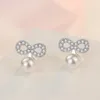 Stud -oorbellen 925 Sterling Silver Bowknot Pearl Piercing voor vrouwen Wedding Birthdal ​​Bruids Engagement Sieraden Pendientes Jlkfjla