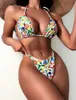 Swimwear Sexy High Waist Triangle Split Swimsuit Sling Three Point Printed Bikini