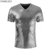 男性S Tシャツシルバー格子縞のメタリックナイトクラブウェアTシャツ2023セクシーなステージプロムTシャツスリムフィットVネックTシャツHomme 230504