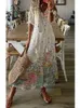 Sıradan Elbiseler 2023 Bohem Uzun Elbise Kadınlar Yaz Vintage Çiçek Baskı V Boyun Yarım Kollu Elbiseler Kadın Rahat Drstring Gevşek Plaj Elbisesi P230505