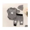 مجموعات الملابس المولودة طفل رومبير 3pcs قبعة رمادي بوي بويز بويز طويلة الأكمام infan bebe bodysuit climbing cotton conttion g1028 drop تسليم dhn2l