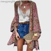 Dames badmode zomer bloemen gedrukt strand deksel bovenaan bohemian kimono dames lange mouw vidan casual losse vakantie blouse shirt cover up t230505